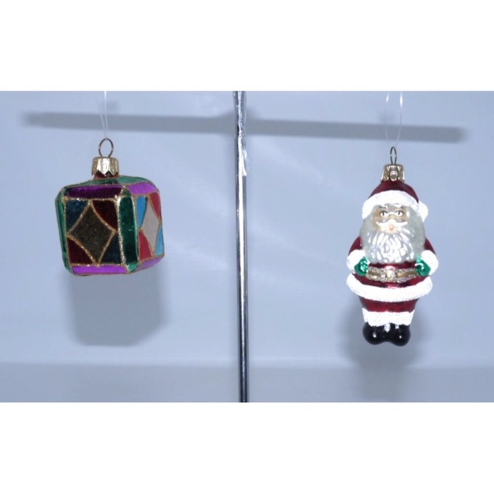 Two vintage handmade Glass Christmas ORNAMENTS Present & Santa 1.5-3.5" long